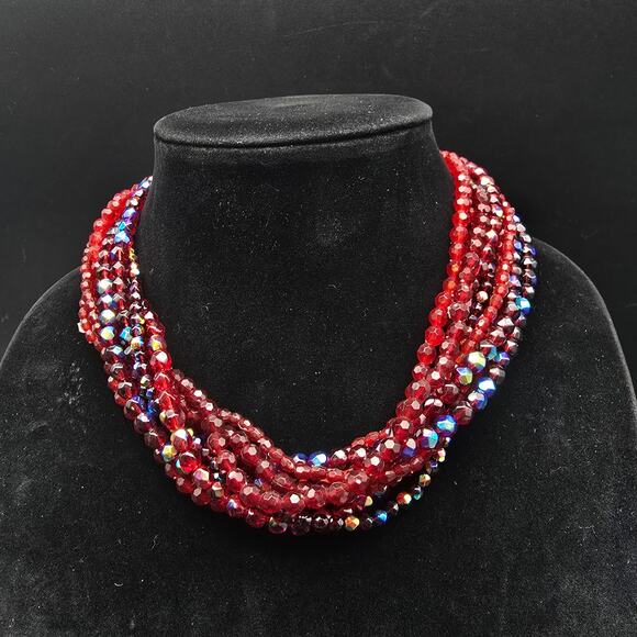 Avon Tonal Burgundy Multiple Strand Necklace Red Aurora Borealis Vintage Glam - Picture 1 of 7